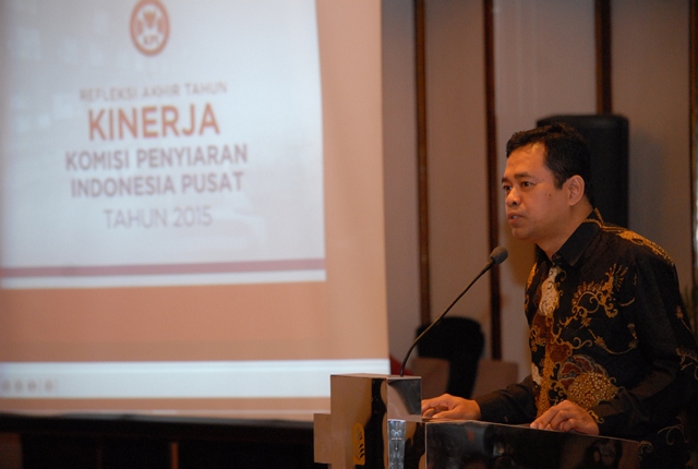 Ketua KPI Pusat Judhariksawan menyampaikan kata sambutan dalam Refleksi Akhir Tahun 2015 KPI di Hotel Sari Pan Pasifik, Rabu, 16 Desember 2015.